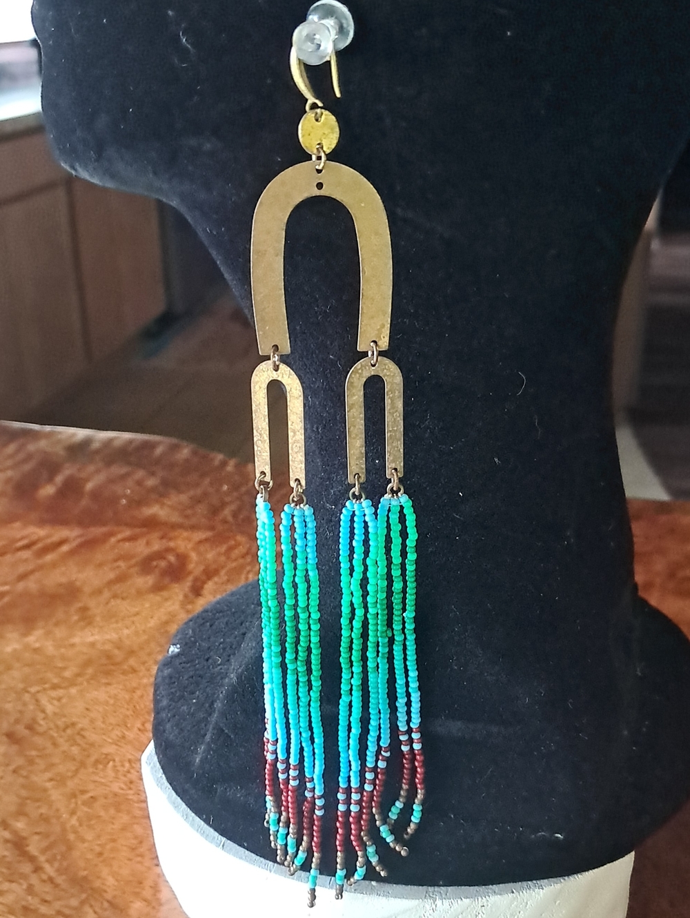 Gold-Tone Turquoise & Green Beaded Fringe Earrings